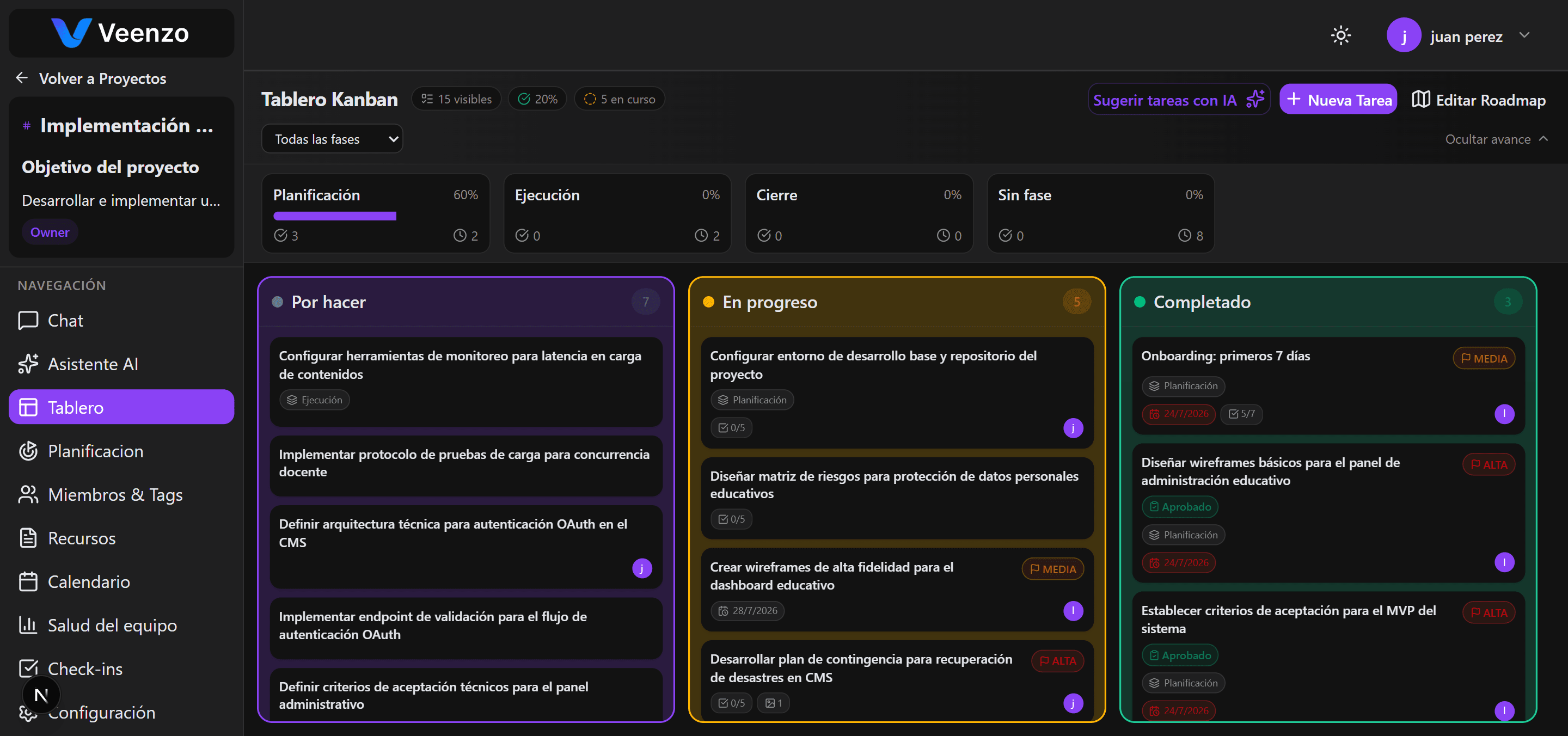 Veenzo Kanban board with columns and tasks